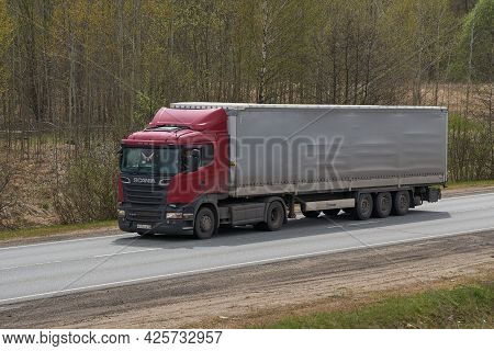 Ruzayevsky District, Mordovia, Russia - May 08, 2021: The Scania R500 Truck With Semi Trailer On The