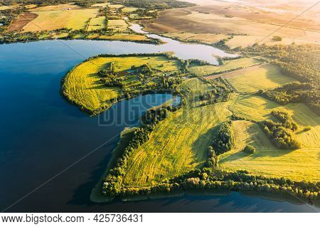 Lyepyel District, Vitebsk Region, Belarus. Aerial View Of Residential Area With Houses In Countrysid