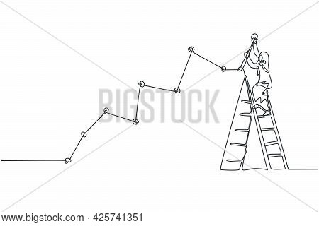 Continuous One Line Drawing Young Female Arabic Worker Climb Ladder Up To Draw Sales Line Graph Grow