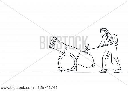 Single Continuous Line Drawing Young Arab Businessman Fire On Cannon Ball Wick Weapon. Smart Profess