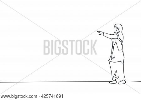 Continuous One Line Drawing Young Arabic Female Worker Pointing Finger To Direct Her Employee. Succe