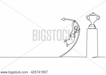 Single Continuous Line Drawing Young Professional Female Arab Entrepreneur Pole Vault Jump To Reach 