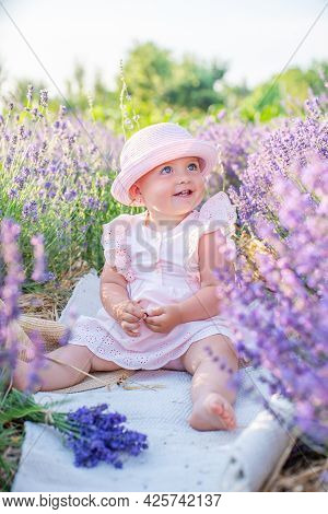 Kids On Lavender Field Happy. Harmony With Nature.