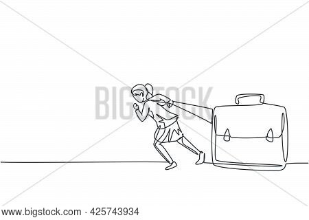 Single One Line Drawing Young Smart Businesswoman Pulling Big Leather Briefcase With All One's Might