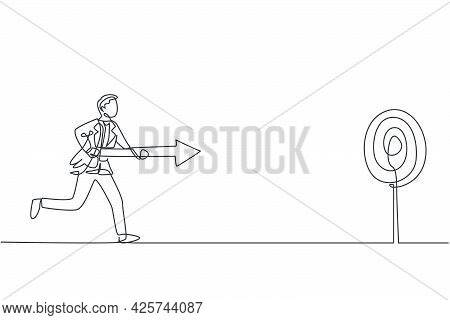Continuous One Line Drawing Young Handsome Male Worker Run And Hold Arrow Spear To Hit Target. Succe