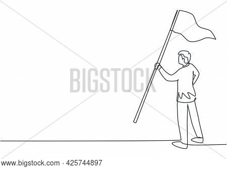 Continuous One Line Drawing Young Male Worker Holding Winning Flag. Success Business Manager Achieve