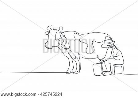 Continuous One Line Drawing Young Female Farmer Milking A Cow With Traditional Way. A Successful Har