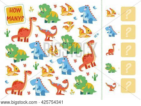 Count How Many Dinosaurs. Mini Math Game How Many For Preschoolers And Kindergarten. Cartoon Vector 