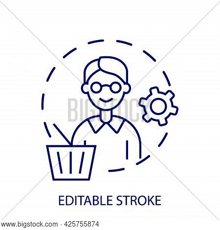 Conscious Consumption Outline Concept Circle Icon. Smart Man With Basket. Customizable Linear Contou