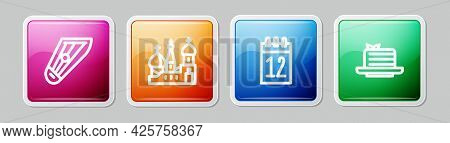 Set Line Kankles, Saint Basils Cathedral, Calendar 12 June And Medovik. Colorful Square Button. Vect