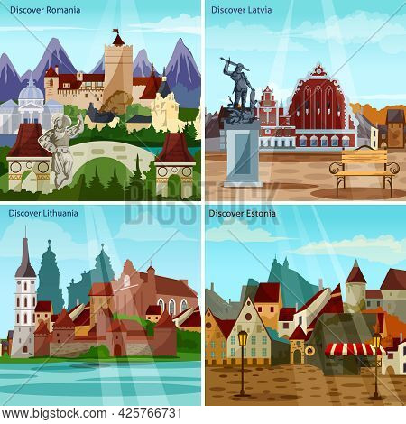 European Cityscapes Concept. Europe And Sights Vector Illustration. European Cities Flat Icons Set. 