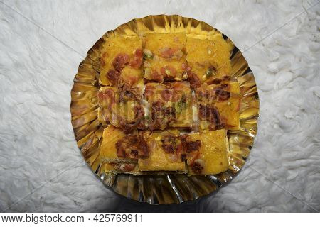 Bread Cheese Pudla, Tasty Indian Snack Item Breakfast Or Tea Time. Variety Different Style Indian Ho
