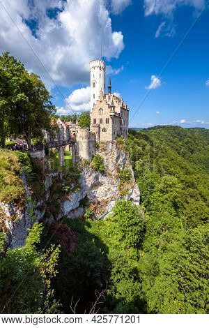 Lichtenstein Castle In Summer, Germany. This Magnificent Castle Is Landmark Of Baden-wurttemberg. Sc