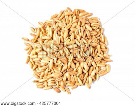 Close-up Of A Pile Of Organic Oatmeal Grains Isolated On A White Background.