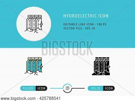 Hydroelectric Icons Set Editable Stroke Vector Illustration. Energy Power Resource Symbol. Icon Line