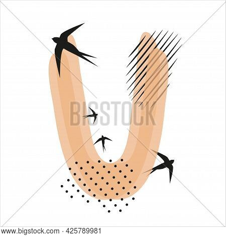 Minimalistic Pattern An Oriental Style In Form Of Letter U. Flock Of Swallows Flies. Abstract Object