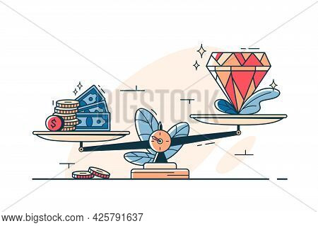 Money Cash And Precious Stone On Scales Vector Line Art Style. Cash And Gem On Scalepan. Value Of Mo