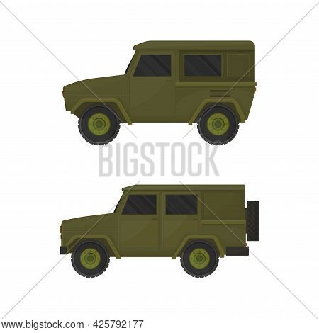 Military Car As Transportation Vehicle Used In Army For Carrying Armed Forces Vector Set