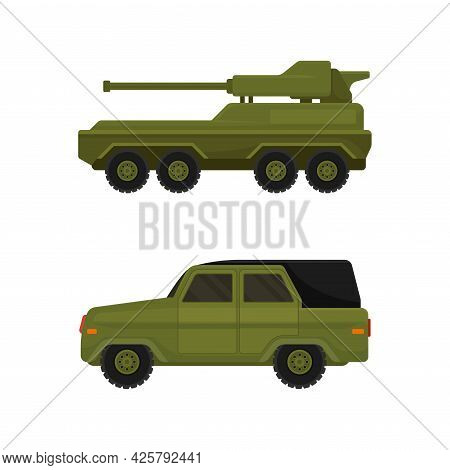 Military Car And Armed Machinery As Transportation Vehicle Used In Army Vector Set