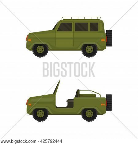 Military Car As Transportation Vehicle Used In Army For Carrying Armed Forces Vector Set
