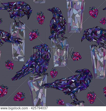 Crows And Strawberries Hand Drawn Vector Seamless Pattern.