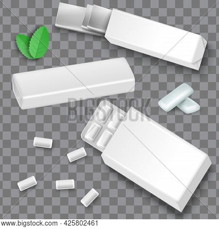 White Blank Bubble Gum Package Mockup Set, Green Mint Leaves, Falling Bubblegums, Vector Isolated Il