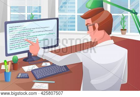 Office Worker Male Character Sitting At Table With Computer Programmer Writes Program Code. Business