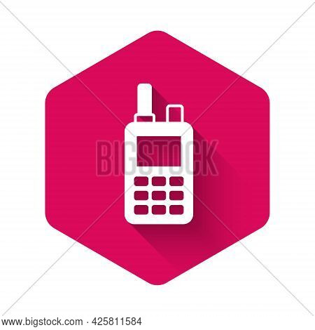White Walkie Talkie Icon Isolated With Long Shadow Background. Portable Radio Transmitter Icon. Radi