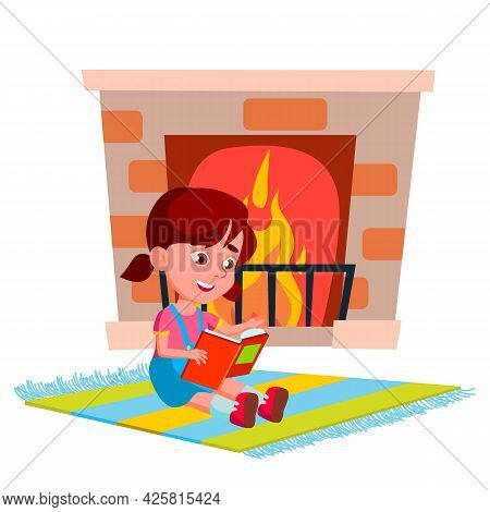 Girl Sit Near Fireplace And Reading Book Vector. Child Preteen Lady Sitting On Carpet Near Burning F