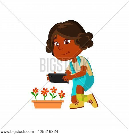 Girl Child Make Photography On Smartphone Vector. African Preteen Lady Making Photo Shoot On Smartph