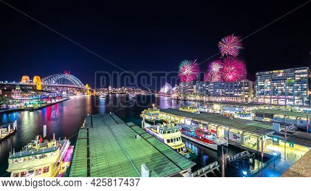 Sydney Harbour Panoramic Night View Of City  Cbd Skyline Circular Quay The Bridge  Nsw Australia.  F
