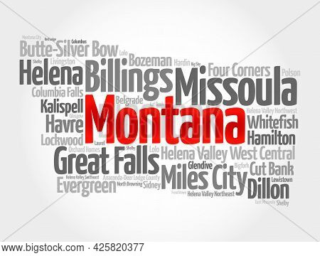 List Of Cities In Montana Usa State, Map Silhouette Word Cloud, Map Concept Background