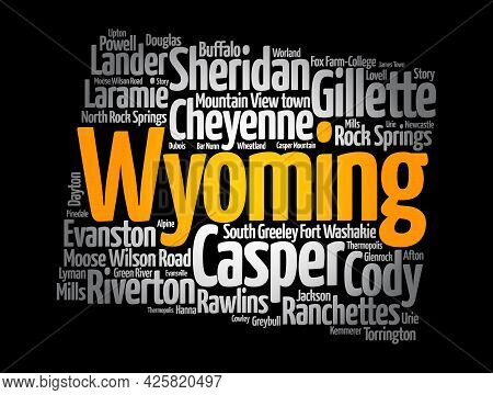 List Of Cities In Wyoming Usa State, Silhouette Map Word Cloud