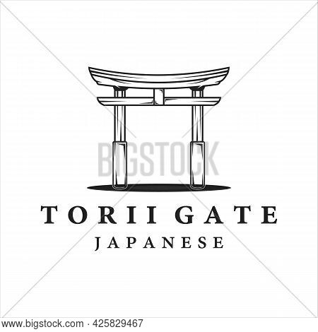 Torii Gate Line Art Vintage Minimalist Vector Logo Illustration Template Design. Japanese Culture Ic