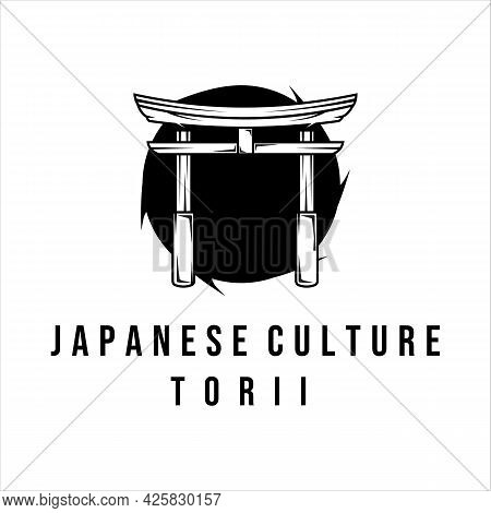 Torii Gate Line Art Vintage Minimalist Vector Logo Illustration Template Design. Japanese Culture Ic