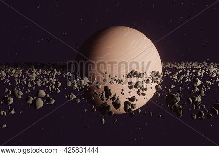 Planet Saturn Or Jupiter Close-up With Stone Ring In Space. 3d Illustration