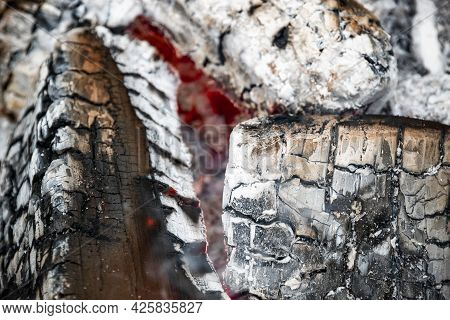 Closeup Of Burning Wood And Ash In Details