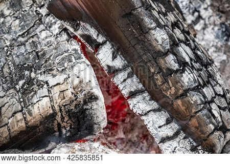 Closeup Of Burning Wood And Ash In Details