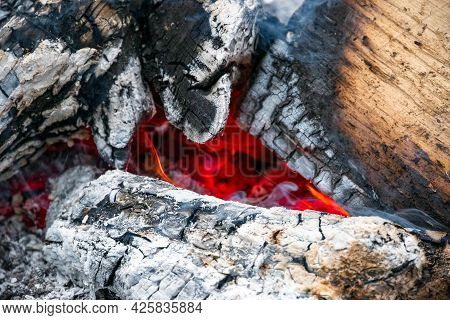 Closeup Of Burning Wood And Ash In Details