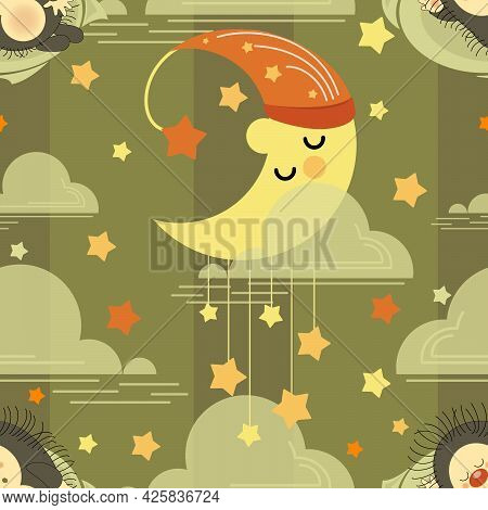 Month Sleeps. Hedgehog. Night Background. Sweet Dreams. Vector Animals Patterns Baby Nursery Art. Cu