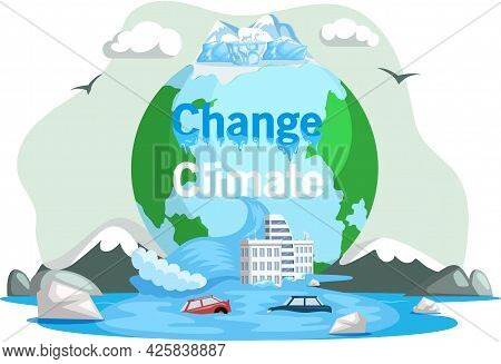 Melting Glaciers, Global Warming, Sea Level Rose And Flooded Cities, Ecological Catastrophy. Saving 