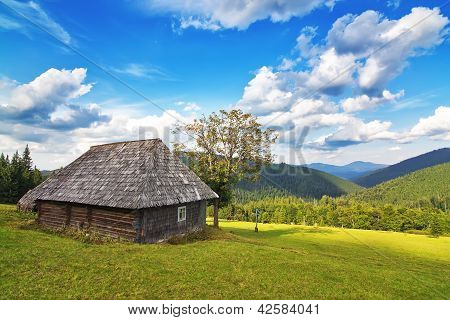 Casa in legno abbandonata In montagna e foresta. Nei Carpazi.