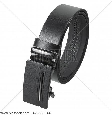 Twisted Black Leather Belt Isolated On White Background. Mens Clothing Accessory