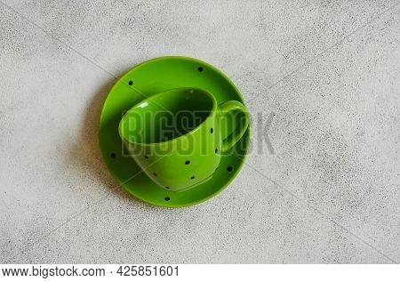 Eco Friendly Handmade Ceramic Tableware With Copy Space For Text And Design, Tea Pair, Green Cup And