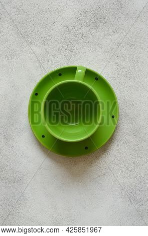 Eco Friendly Handmade Ceramic Tableware With Copy Space For Text And Design, Tea Pair, Green Cup And