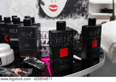 A Table With Keune Haircosmetics Product Line.
