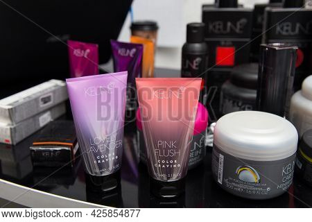 A Table With Keune Haircosmetics Product Line.