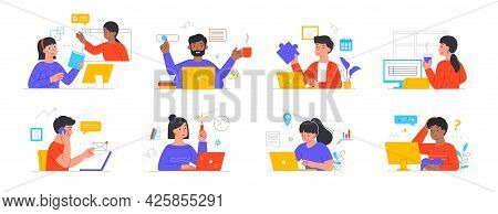 Remote Work And Freelance Concepts With Diverse Multiracial Freelancers Characters At Work. People M