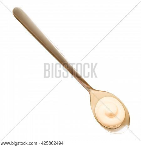 Mayonnaise Drop In The Spoon. Top View Of Sause Splash Isolated On White Background. High Reolution 