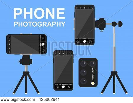 Phone Photography With Tripod And Remote Control On Blue Background. Concept Of Mobile Smartphone Ca